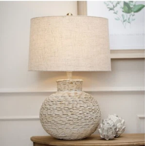 Round White Washed Wicker Table Lamp with Linen Shade Modern Rustic Decor Light - Picture 1 of 8