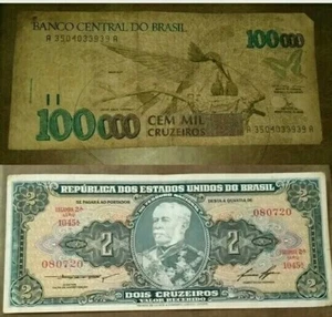 2 Cruzeiros & 100000 Cruzeiros 🇧🇷Brazil Banknote VF Condition Paper Money  - Picture 1 of 5