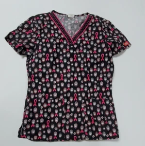 Dickies Scrub top pink owls breast cancer ribbons size XS - Picture 1 of 12