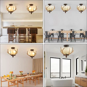 3-Light Antler Semi Flush Mount Fixture Ceiling Light Lamp Antler Chandelier - Picture 1 of 11