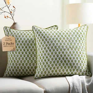CPC 100% Cotton Throw Pillow Covers 20x20 Inch, Set of 2 Green Block Print Pa... - Bild 1 von 9