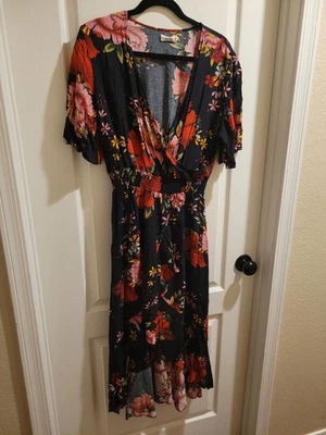 KorMei Maxi Faux Wrap Dress High Low Ruffle Black Floral Smocked Waist Boho XL - Image 1 of 4