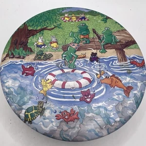 Vintage Round Tin By Keller Charles Ole Swimming Hole 5.25” Picnic Frogs Rabbits - Picture 1 of 9