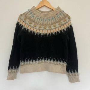 Sleeping on Snow Anthro Wolle Alpaka Mischung Fair Isle Poms schwarz creme Pullover S/M - Bild 1 von 7
