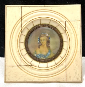 ANATOLE VELY MINIATURE PAINTING YOUNG WOMAN PORTRAIT, BRASS/SPINE FRAME c1870 vg - Picture 1 of 7