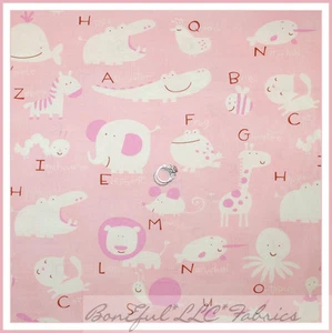 BonEful Fabric Cotton Quilt Pink White Baby Girl Zoo Animal Alphabet Print SCRAP - Picture 1 of 12