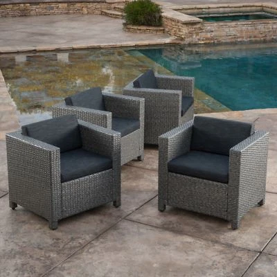 Bowden Outdoor Brown Wicker Club Chairs w/ Cushions (set of 4) - Image 1 of 4