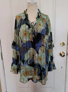 Blusa Susan Graver de 2 piezas Top de gasa azul floral Camiseta sin mangas Trabajo profesional 1X  - Imagen 1 de 9