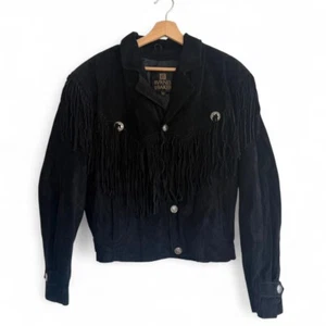 BYRNES & BAKER BLACK SILVER SUEDE FRINGE JACKET WESTERN JACKET WOMENS MEDIUM - Picture 1 of 8