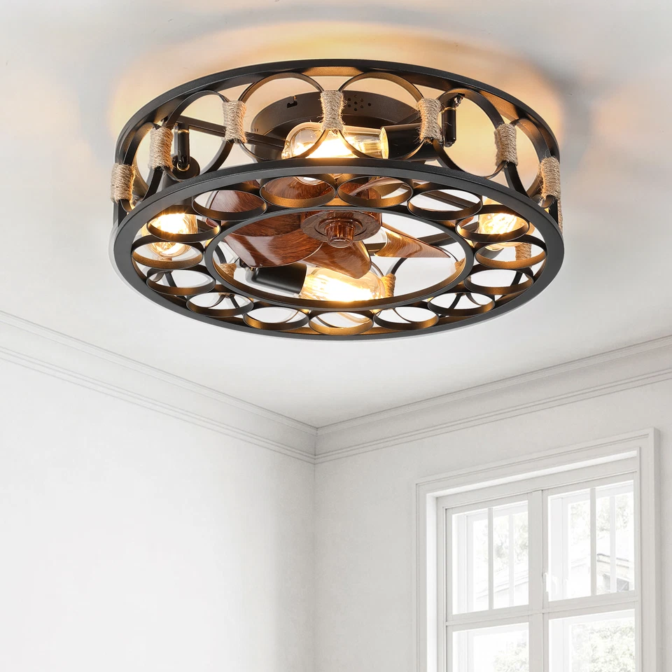 20" Caged Ceiling Fan Lights Flush Mount Farmhouse Light kit With Remote Control - Image 1 of 4