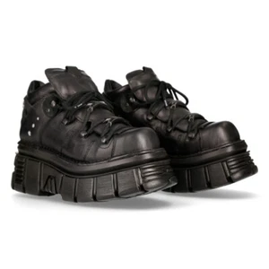 NEW ROCK 106N-S52 TOWER SHOES Metallic Black Leather Biker Punk Gothic Boots - Picture 1 of 8
