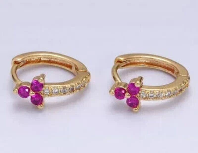 14k Yellow Gold Plated 1.5Ct Round Cut Created Diamond Ruby Huggie Hoop Earrings - Image 1 of 3
