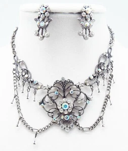 DESIGNER INSPIRED 19 in CLEAR MULTI CRYSTAL SILVER VICTORIAN JEWELERY SET NEW - Picture 1 of 5