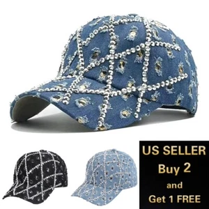 Washed Cotton Denim Hat diamond Shape Bling Rhinestones Baseball Cap Adjustable - Picture 1 of 9