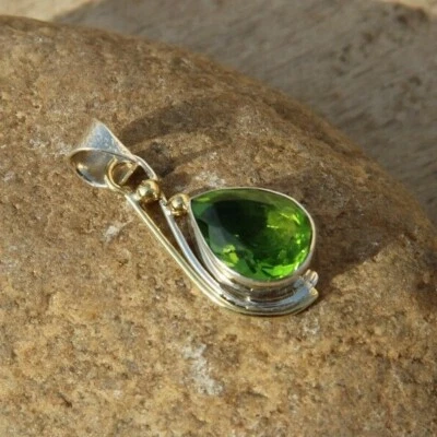 Solid 925 Sterling Silver Glass Filled Green Peridot Gemstone Handmade Pendant  - Image 1 of 3