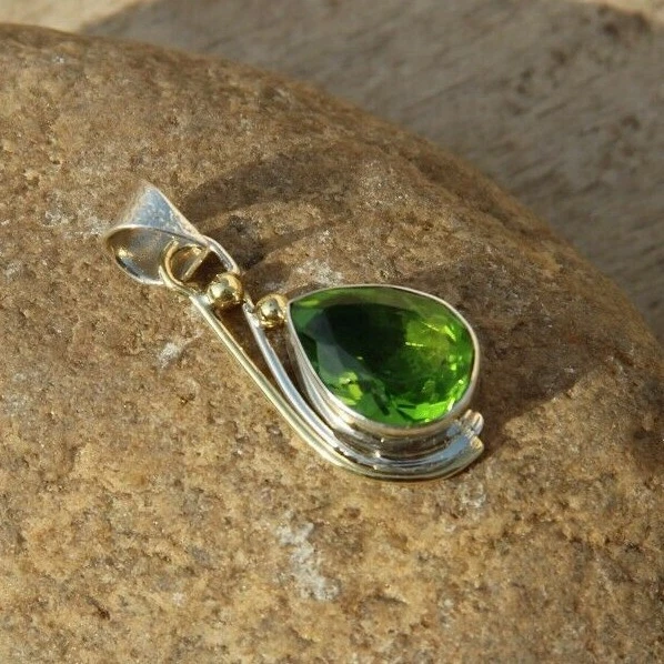 Solid 925 Sterling Silver Glass Filled Green Peridot Gemstone Handmade Pendant  - Image 1 of 3