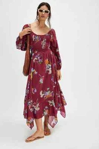 NEU Free People rot Morning Glory Blumen gesmoktes Langarm Kleid Gr. XL - Bild 1 von 5