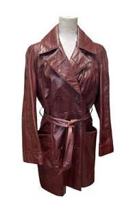 Etienne Aigner Vintage 70s 80s Leather Trench Coat Red Burgundy Belted Size 12 - Picture 1 of 7