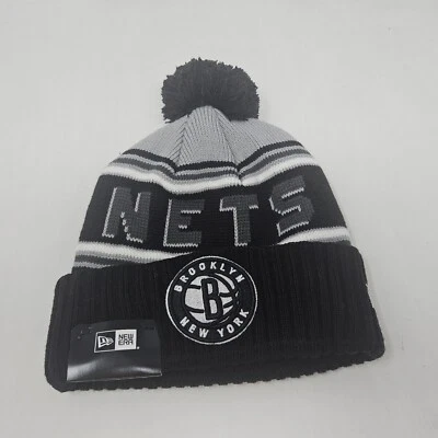Unisex Adult New Era Brooklyn Nets One Time Removable Pom Knit Black Grey Beanie - Image 1 of 3