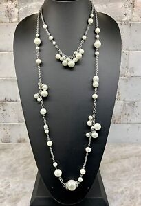 White House Black Market Faux Pearl Silver Tone Chain Double Strand Necklace