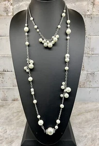White House Black Market Faux Pearl Silver Tone Chain Double Strand Necklace - Picture 1 of 6