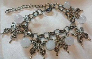 Rose Quartz & Butterfly Charms Silver Toned  Adjustable 8"  Bracelet - Picture 1 of 3