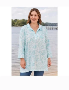 Sigrid Olsen White Blue nwt coastal beach womens Floral 100% Linen Tunic Top - Picture 1 of 7