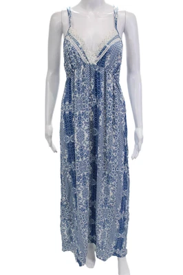 Maxi Vestido Sin Mangas Lovestitch para Mujer Azul Geométrico Cuello en V Rayón Cordón Talla M Foto 1 de 4