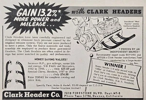 Clark Header Co Downey CA ganancia potencia kilometraje Mantz disco anuncio impreso vintage 1951 - Imagen 1 de 4