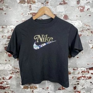 Nike Kids Small S 128-137cm Black T-shirt Swoosh Sportswear Graphic Print Floral - Picture 1 of 8