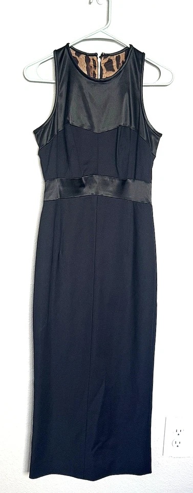 Vestido Vaina Dolce & Gabbana Negro 42 Midi Sin Mangas Panel Satinado Forro Leopardo Foto 1 de 4
