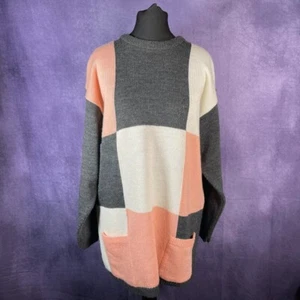 Vintage 1990's Ladies Sweater New Tast Square Pattern Pockets C&A Size Small 36/ - Picture 1 of 6