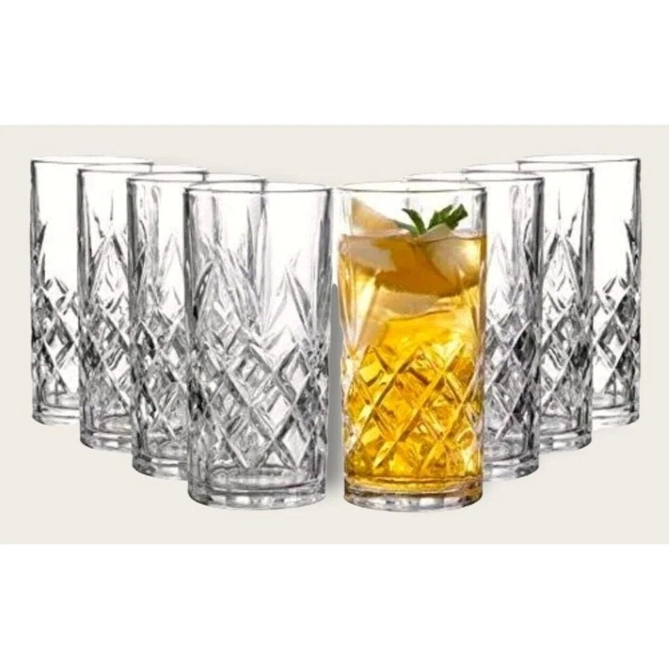 Set of 8 Highball Glasses 12oz Cups Textured Trendy Glassware for Drinking Water