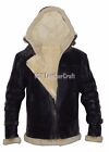 B3 Bomber Hoodie Real Shearling Black Leather Aviator Jacket Removable Hood