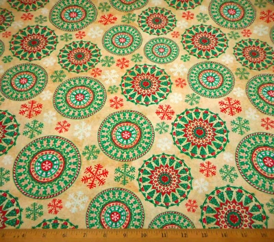 Tela de Navidad por yarda rojo verde círculo galleta árbol copo de nieve beige algodón 5 C Foto 1 de 2