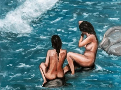Original Doble Figura Desnudo Pintura al Óleo, Dos Mujeres en Rocas, Arte Figurativo Foto 1 de 3