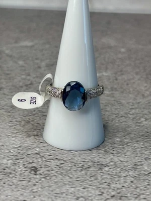 NUEVO CON ETIQUETAS RBP azul oscuro circonita cúbica y topacio blanco en chapado en rodio talla 9 Foto 1 de 2