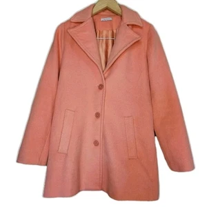 Coral Peach Wool Blend Pea Coat Button Front Mid Length Dopamine Dressing Jacket - Picture 1 of 10