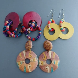 3 Pairs Wood Earrings Hoops Colorful Beaded Post and Dangles Cruise Summer Beach - Picture 1 of 7