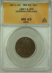 1867-A Germany Prussia 3 Pfennig Coin ANACS MS-63 Brown - Picture 1 of 2