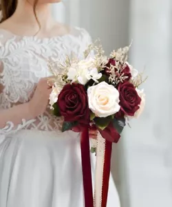 Bride Bouquets for Wedding Burgundy Artificial Flowers Roses Tossing Bouquet ... - Picture 1 of 5