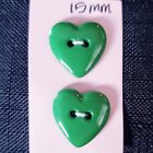 2x Vintage Emerald Green Heart-Shaped 15mm Buttons, 2-Hole Flat Back Novelty