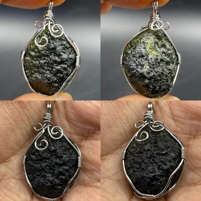Colgante de tectita natural cruda Moldavia con alambre de plata Moldavita Meterorita Heal Foto 1 de 3