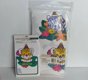 Vintage Child Party Invitations & Tablecover Jungle Tiger Panda Zebra NOS - Picture 1 of 8