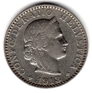 1913 Confoederatio Helvetica Swiss 20 Rappen Coin - Picture 1 of 2