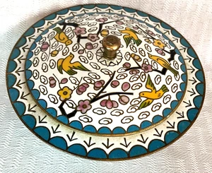Cloisonné Trinket Dish with Lid Enamel on Brass Birds in Fruit Tree Motif - Picture 1 of 8