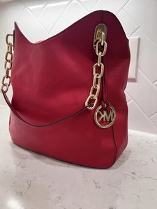 MICHAEL KORS Lillie Gold Chain Handle Leather Tote Large Shoulder Bag Red - Picture 1 of 12