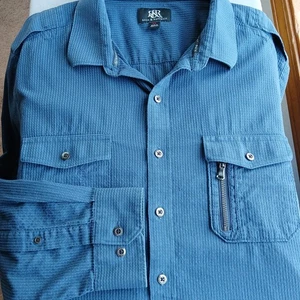 R&R Blau Baumwolle Knopfleiste Hemd Herren XL Lang Krempelriegel Ärmel Jacquard Streifen - Bild 1 von 15