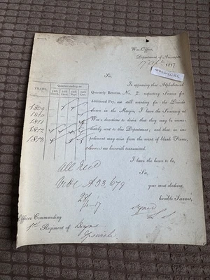 Quarterly Pay Returns 1809-13 - War Office Letter 1st Regiment of Drgns Ipswich - Image 1 of 4