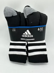 NEW 6 PAIR PACK ADIDAS MENS CREW THREE STRIPE SOCKS SIZE 6-12 CUSHIONED BLACK/WH - Picture 1 of 8
